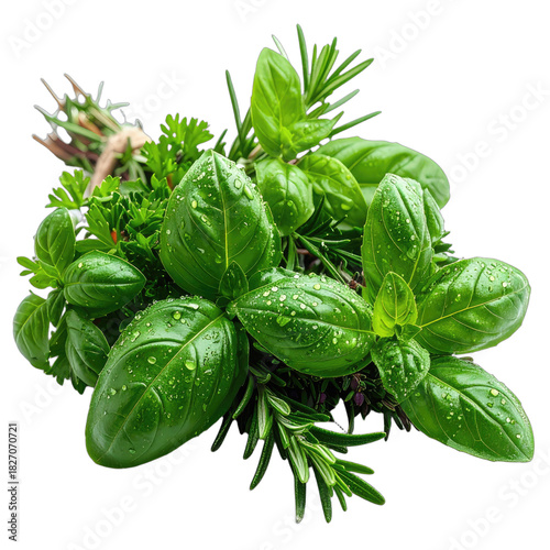 A vibrant bouquet of fresh green herbs glistening with water droplets against a dark background.