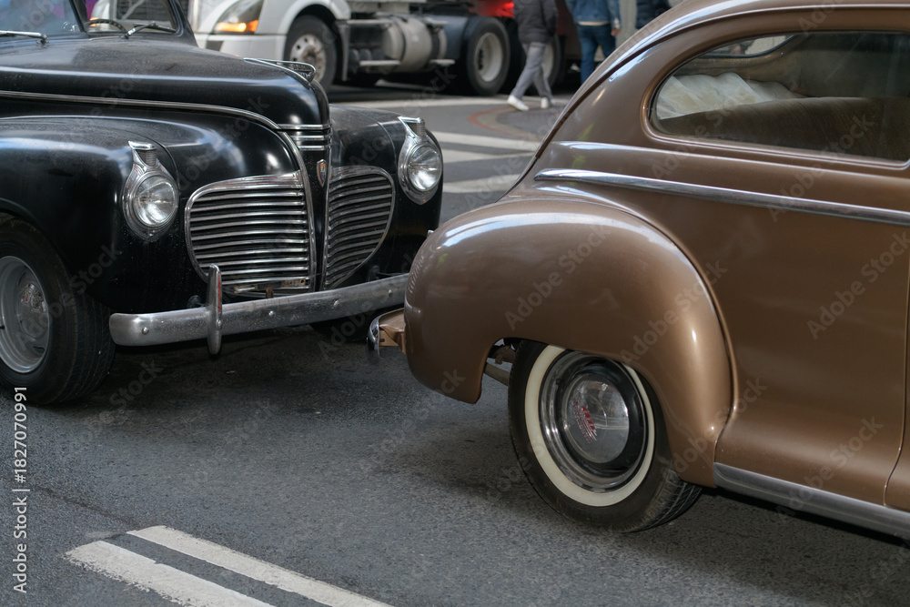 Fototapeta premium vintage automobiles on a film set along Bay St, Toronto