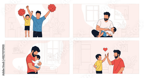 Fathers and sons share joyful moments of bonding, celebration, and love in four heartwarming scenes.