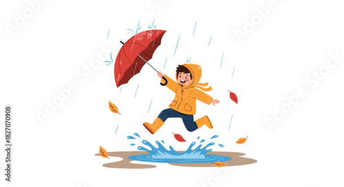 A happy child in a yellow raincoat jumps through a puddle with a red umbrella in the rain.
