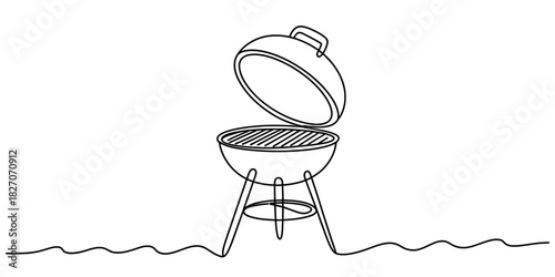 Continuous line drawing of an open charcoal kettle grill, perfect for outdoor barbecue, summer picnics, and garden cooking events. Vector, illustration