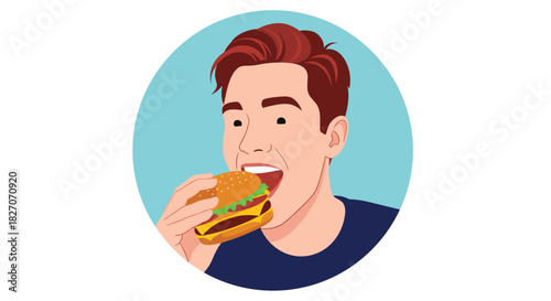 Young man with reddish brown hair eating a juicy cheeseburger with enthusiasm.