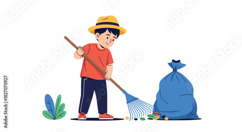 A boy wearing a hat rakes leaves into a large blue trash bag next to some plants.