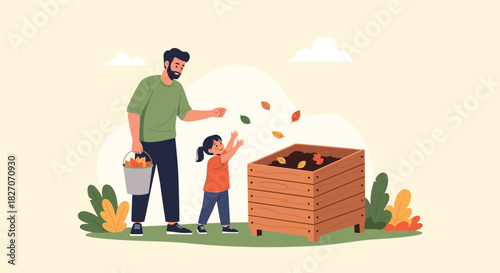Father and daughter composting autumn leaves in a wooden bin outdoors.