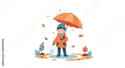 A young child in a warm coat and hat holds an orange umbrella in the rain surrounded by autumn leaves.