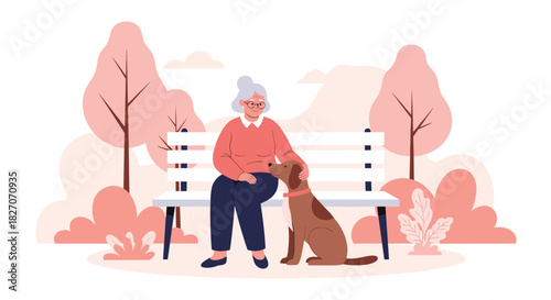Elderly woman sitting on park bench petting her dog on a pleasant day.