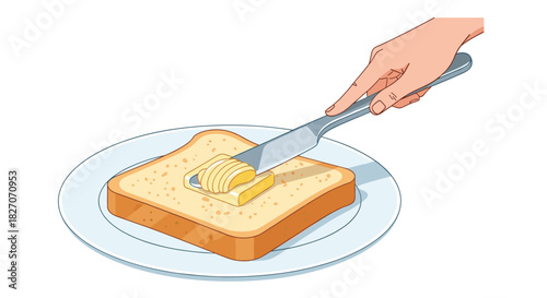 A hand spreading butter on a slice of toast with a knife on a plate.