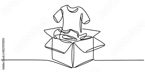 One continuous line art illustration of a minimalist t-shirt appearing from an open shipping box, concept of retail, delivery, ecommerce. Vector, illustration