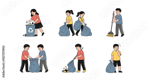 Illustrations of people collecting trash, cleaning, and being confused about waste management.