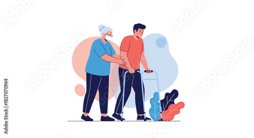 Elderly woman helps a young man use a walker with colorful abstract shapes in background.