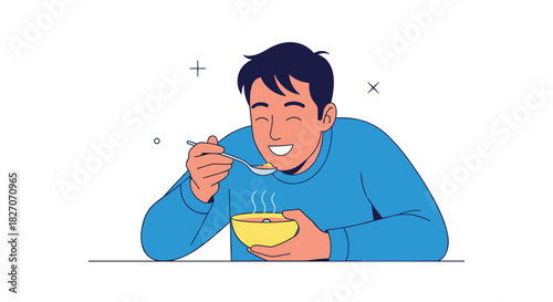 A man happily eats a bowl of hot soup with a spoon, steam rising.
