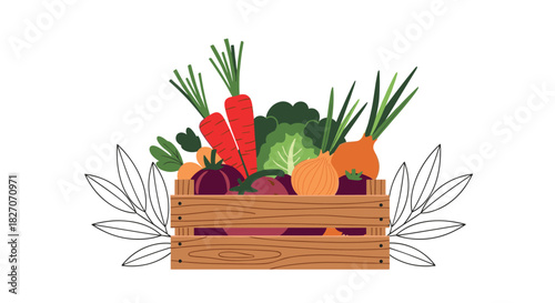 Wooden crate overflowing with fresh, colorful vegetables and leafy greens, surrounded by decorative outlines.