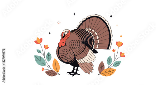 A decorative illustration of a turkey surrounded by autumn leaves and flowers.