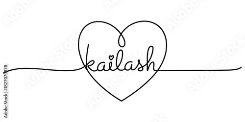 Kailash name handwritten in a creative continuous single line drawing forming a heart shape, minimalist hand-drawn style design element. Vector, illustration