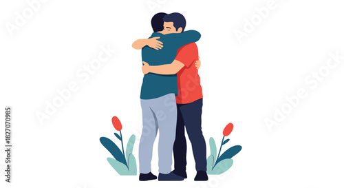 Two men embracing warmly in a hug surrounded by subtle floral elements.