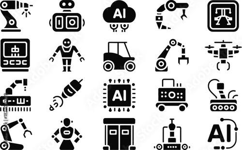 Industrial Automation and AI Robotics Vector Icon Set Concept
