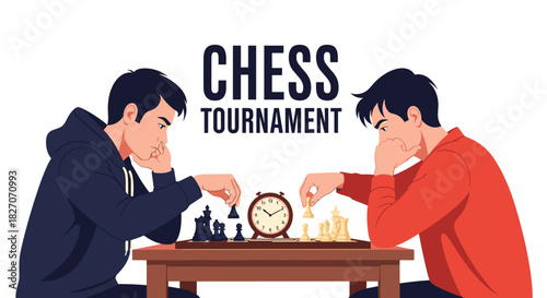 Two men playing a chess game during a tournament with a clock in the middle.