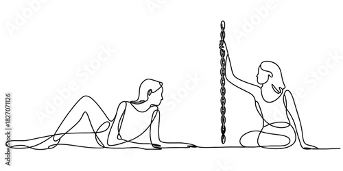Continuous line drawing depicting two people interacting with a chain, an artistic representation of human connection and support concept. Vector, illustration