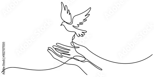 Continuous line drawing art of two cupped hands gently releasing a soaring white dove, symbolizing freedom, peace, and hope on a clean background. Vector, illustration