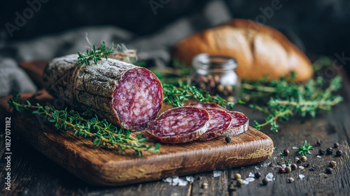 Artisan salami on wooden board with thyme and peppercorns, rustic charcuterie spread