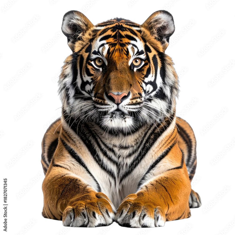 Fototapeta premium A captivating close-up portrait of a majestic tiger resting against a solid black background.
