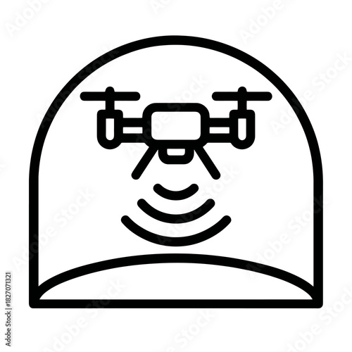 Thin-line black tunnel inspection drone icon representing autonomous structural monitoring. Flat vector, ideal for infrastructure tech UI, safety systems and underground engineering platforms.