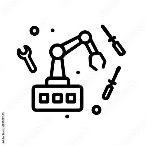 Thin-line black zero-gravity robotic arm icon symbolizing autonomous maintenance tech for space environments. Flat vector, ideal for aerospace UI, advanced robotics systems and futuristic engineering.