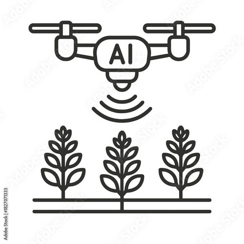 Thin-line black vineyard drone icon showing AI crop health analysis and precision farming. Flat vector, ideal for smart agriculture UI, sustainability systems and tech viticulture monitoring.