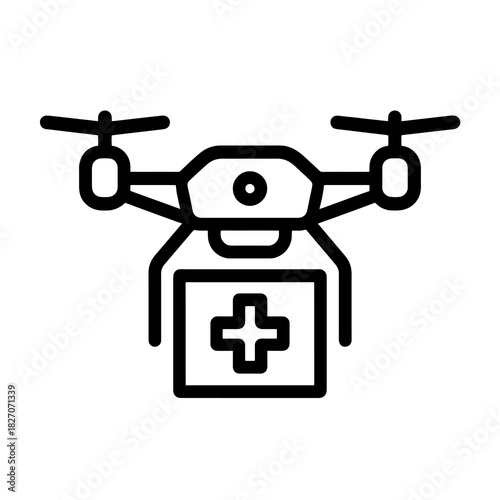 Thin-line black emergency supply drone icon representing autonomous medical delivery. Flat vector, ideal for healthtech UI, rapid response systems and smart logistics platforms.