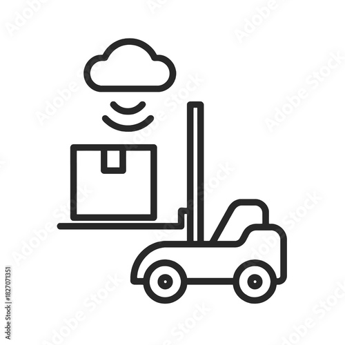 Thin-line black robotic forklift icon showing AI warehouse navigation and automated material handling. Flat vector, ideal for logistics dashboards, supply chain apps and industrial automation systems.