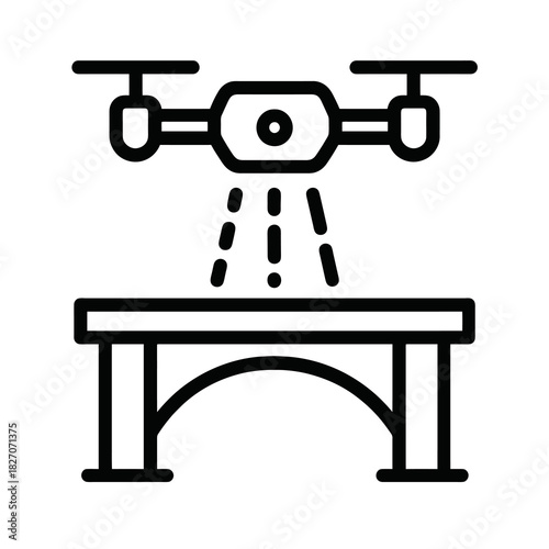 Thin-line black structural inspection drone icon representing AI bridge analysis and safety monitoring. Flat vector, ideal for infrastructure tech UI and advanced engineering systems.
