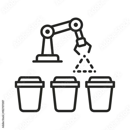 Thin-line black robotic recycling sorter icon symbolizing AI waste classification and sustainable automation. Flat vector, ideal for eco-tech UI and smart environmental management systems.