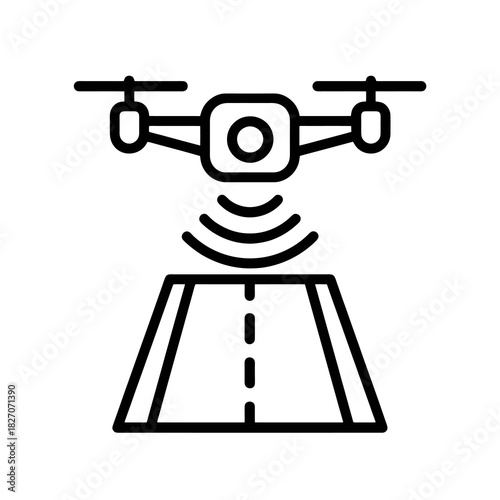Thin-line black aerial traffic monitoring drone icon symbolizing AI-powered urban mobility control. Flat vector, ideal for smart city dashboards and automated surveillance systems.