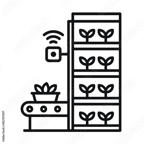 Thin-line black vertical farming tower icon with automation sensor, symbolizing AI-driven sustainable agriculture. Flat vector, ideal for eco-tech dashboards and smart farming platforms.