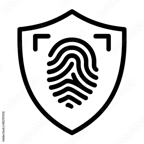 Detailed black fingerprint shield icon representing biometric cybersecurity and secure digital authentication. Flat vector, thick outline, ideal for apps, UI and security technology designs.