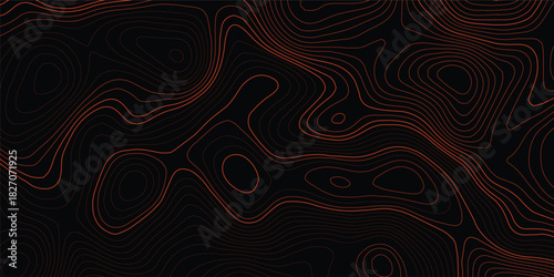 Orange on black the stylized height of the topographic map contour in lines and contours.