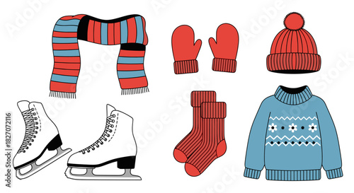Winter clothing accessories with ice skates, hat, mittens, and sweater  