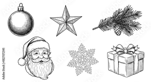 Christmas decorations including Santa, snowflake, and gift illustration  