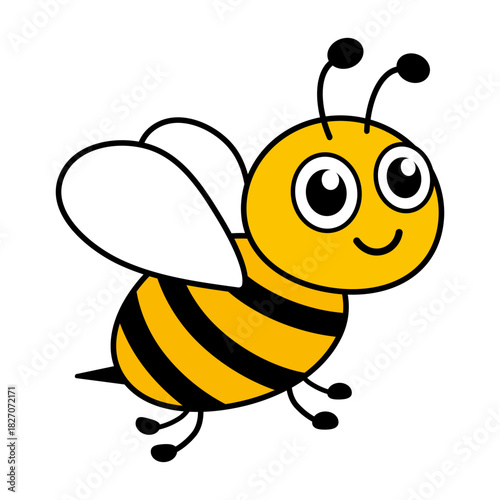 Friendly flying bee character. Happy honeybee with big kind eyes. Vector isolated on white background.