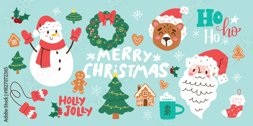 Christmas Illustration with Santa Claus, Snowman, Bear, Wreath, Christmas Trees, Gingerbread, Mug of Hot Chocolate, and Festive Holiday Decorations Featuring Merry Christmas, Ho-Ho-Ho and Holy Jolly