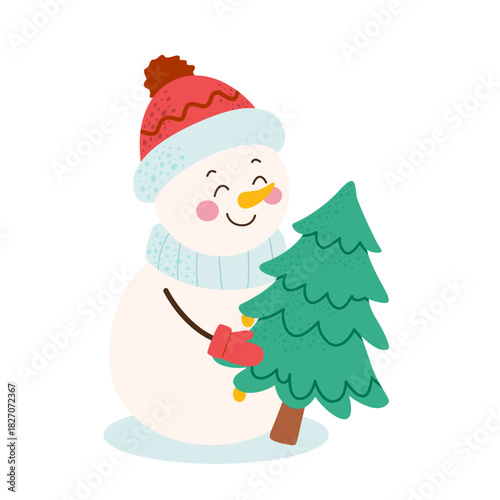 Snowman Hugging Christmas Tree Winter Christmas New Year Illustration with Cute Snowman and Festive Evergreen in Bright Winter Holiday Scene