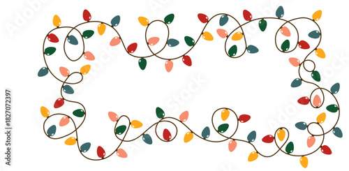 A garland of brightly colored light bulbs. Festive neon Christmas decorations and party supplies. Icicle. Festive vector frame with sparkling lights.