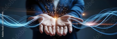 Cinematic open palm with pulsating digital light streams – Suitable for connectivity and charitable donation.