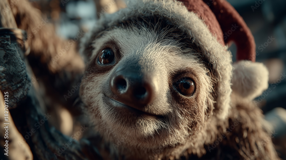 Fototapeta premium Sloth wearing Santa hat enjoys holiday vibes in a tropical forest setting