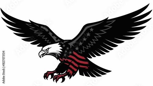 Illustration of a bald eagle with wings spread and american flag design on its body and wings