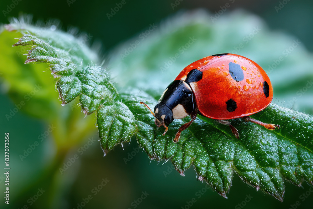 Naklejka premium Ladybug with Water Droplets on Green Leaf