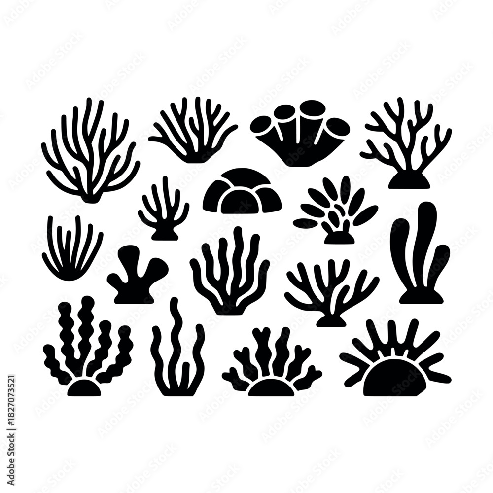 Fototapeta premium Coral silhouettes, marine vector, ocean shapes, reef clipart, underwater icons, sea life graphics, black coral set, aquatic design elements
