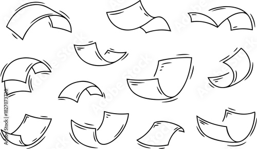 Flying paper sheets in doodle style. Hand drawn blank document pages. Falling files of documents. Office business vector illustration.