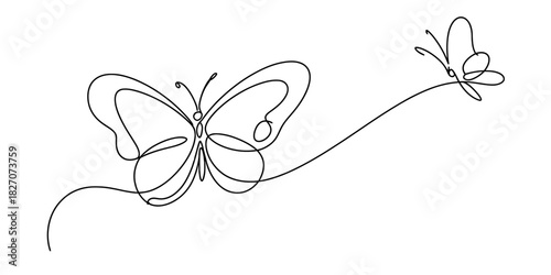 Abstract continuous single line art drawing of two elegant butterflies in flight, symbolizing freedom, transformation, and natural beauty Vector, illustration