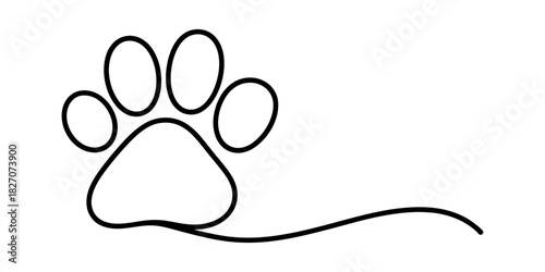 Minimalist continuous line art drawing of a dog or cat paw print, symbolizing pet care, animal companionship, journey, and pet love Vector, illustration